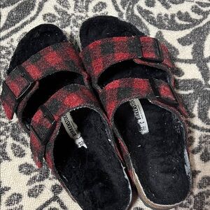 Birkenstock Red and Black plaid Arizona strap